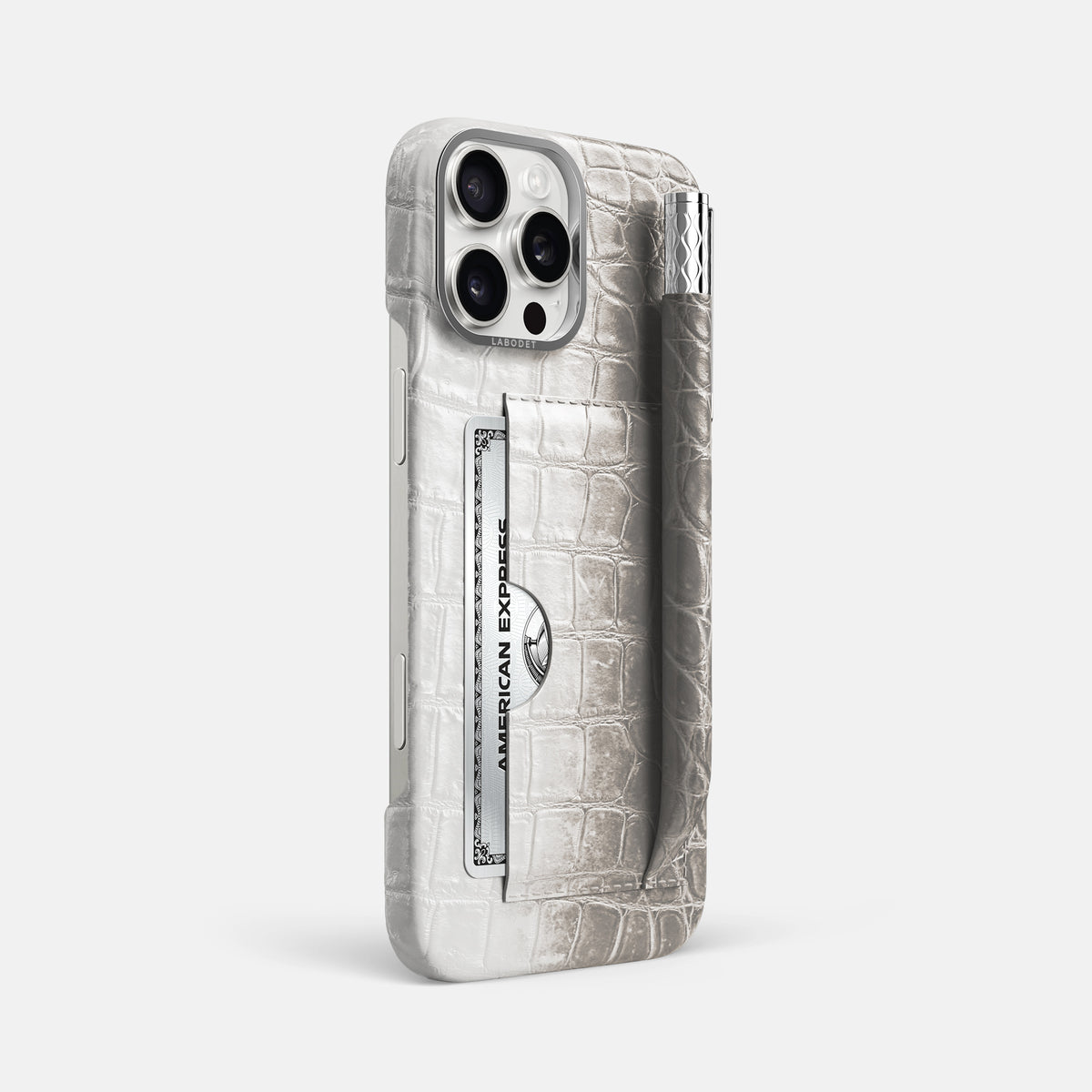 Grey iPhone 16 Pro Max Card and Pen Holder Case Himalayan Crocodile with Steel Metal -2 | Grey-Steel