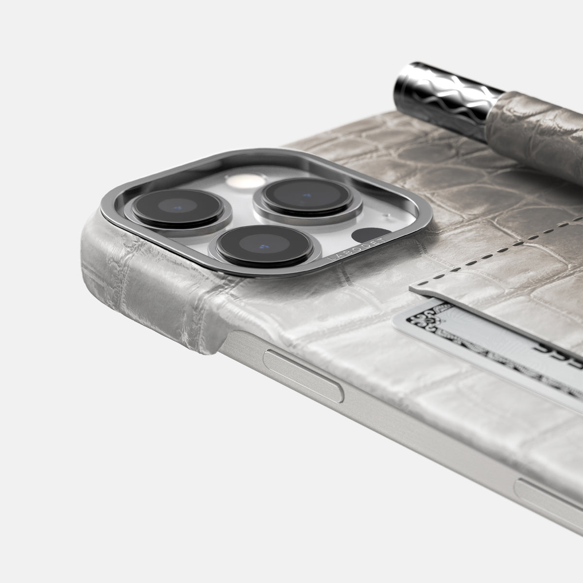 Grey iPhone 16 Pro Max Card and Pen Holder Case Himalayan Crocodile with Steel Metal -4 | Grey-Steel