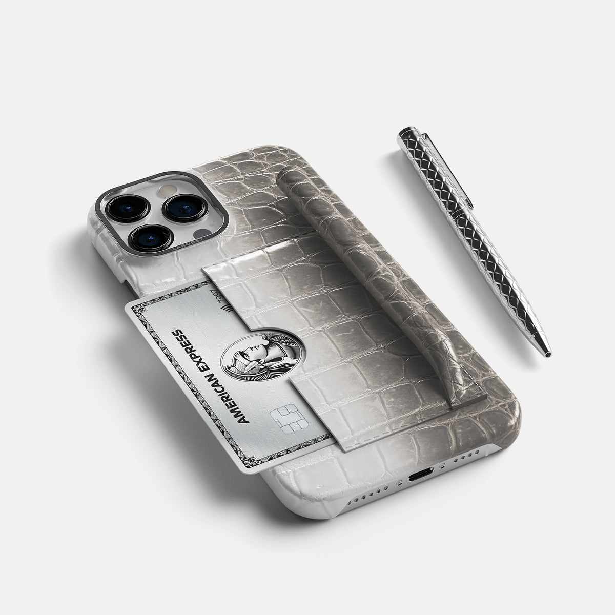 Grey iPhone 16 Pro Max Card and Pen Holder Case Himalayan Crocodile with Steel Metal -5 | Grey-Steel