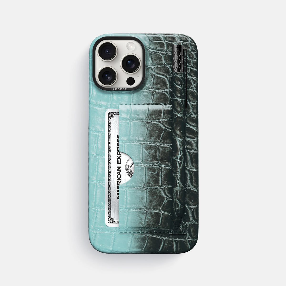 Light-Mint iPhone 16 Pro Max Card and Pen Holder Case Himalayan Crocodile with Black Metal -1 | Light-Mint-Black