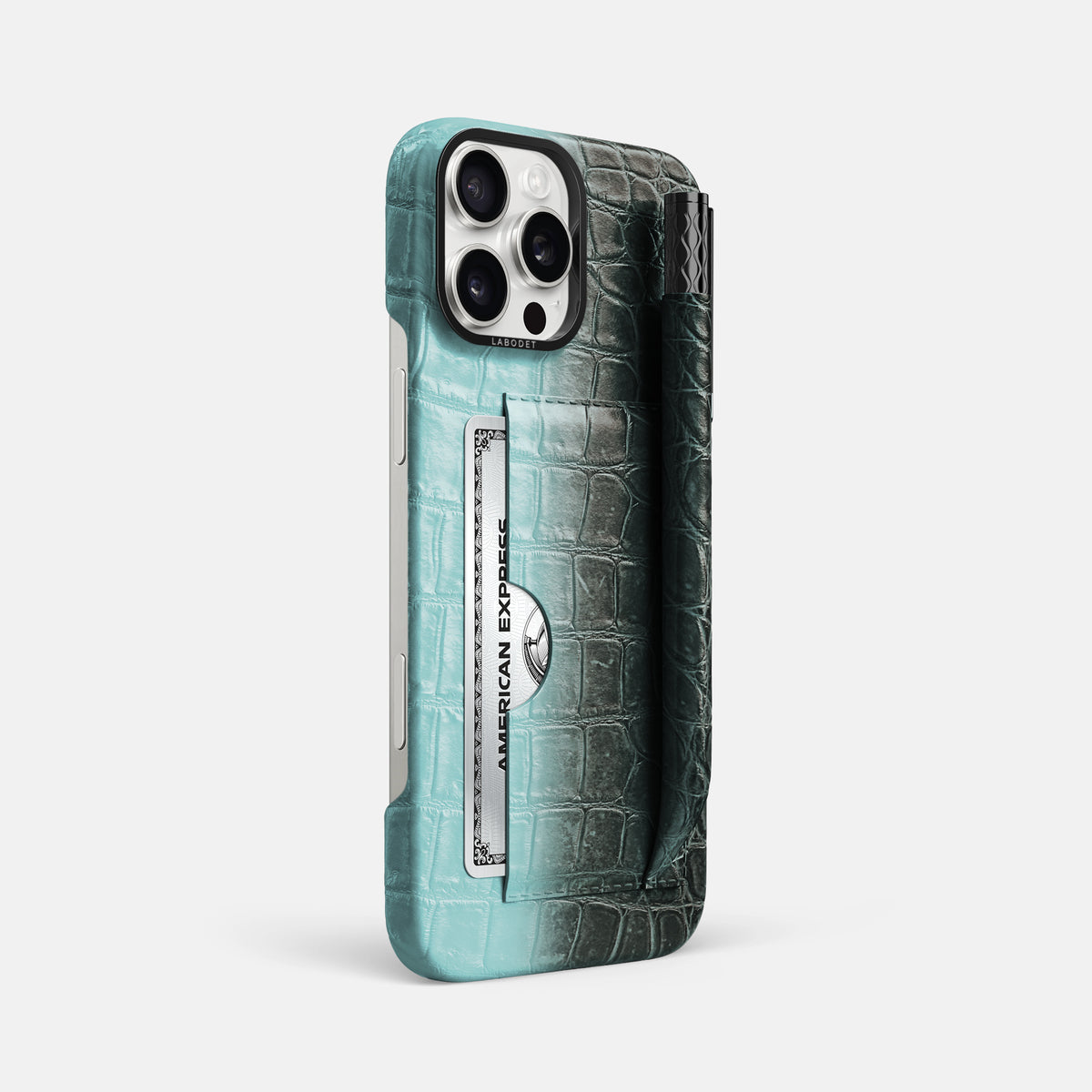 Light-Mint iPhone 16 Pro Max Card and Pen Holder Case Himalayan Crocodile with Black Metal -2 | Light-Mint-Black