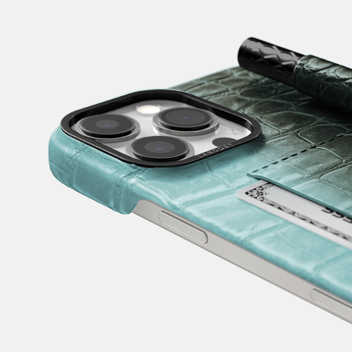 Light-Mint iPhone 16 Pro Max Card and Pen Holder Case Himalayan Crocodile with Black Metal -4 | Light-Mint-Black