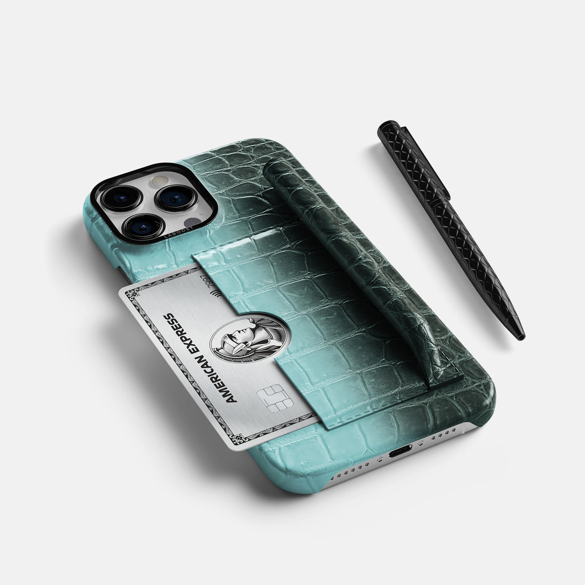 Light-Mint iPhone 16 Pro Max Card and Pen Holder Case Himalayan Crocodile with Black Metal -5 | Light-Mint-Black