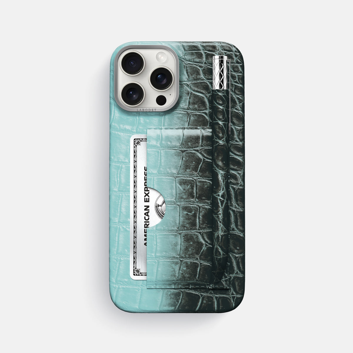 Light-Mint iPhone 16 Pro Max Card and Pen Holder Case Himalayan Crocodile with Steel Metal -1 | Light-Mint-Steel