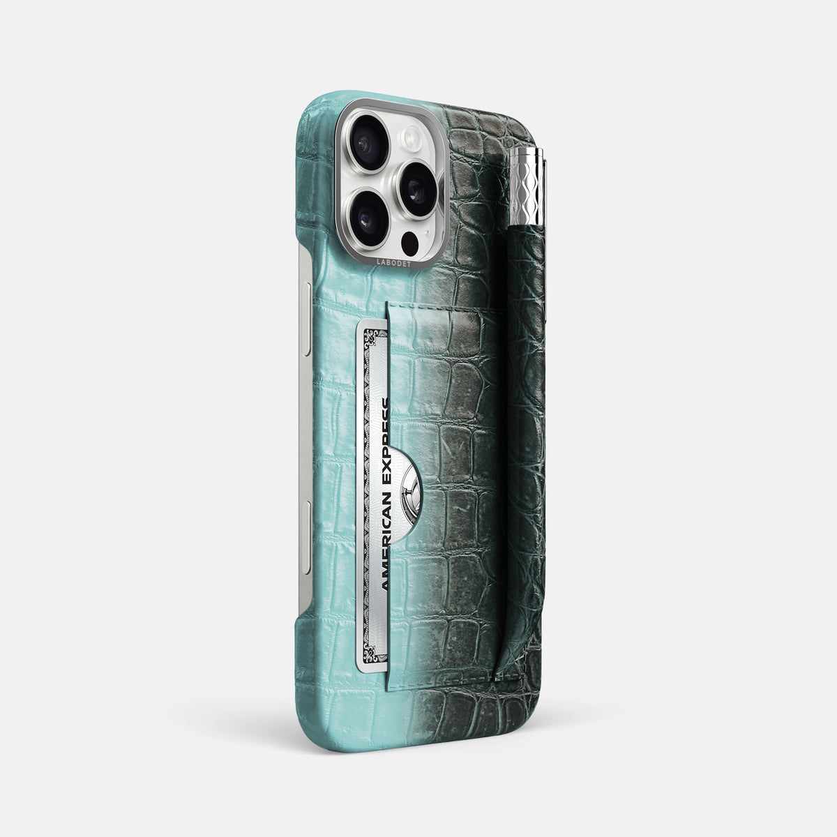 Light-Mint iPhone 16 Pro Max Card and Pen Holder Case Himalayan Crocodile with Steel Metal -2 | Light-Mint-Steel