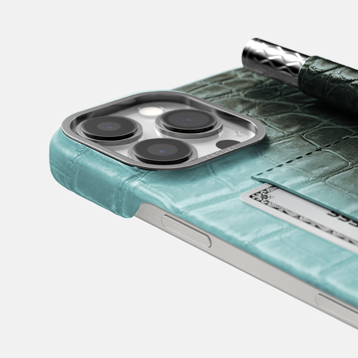 Light-Mint iPhone 16 Pro Max Card and Pen Holder Case Himalayan Crocodile with Steel Metal -4 | Light-Mint-Steel
