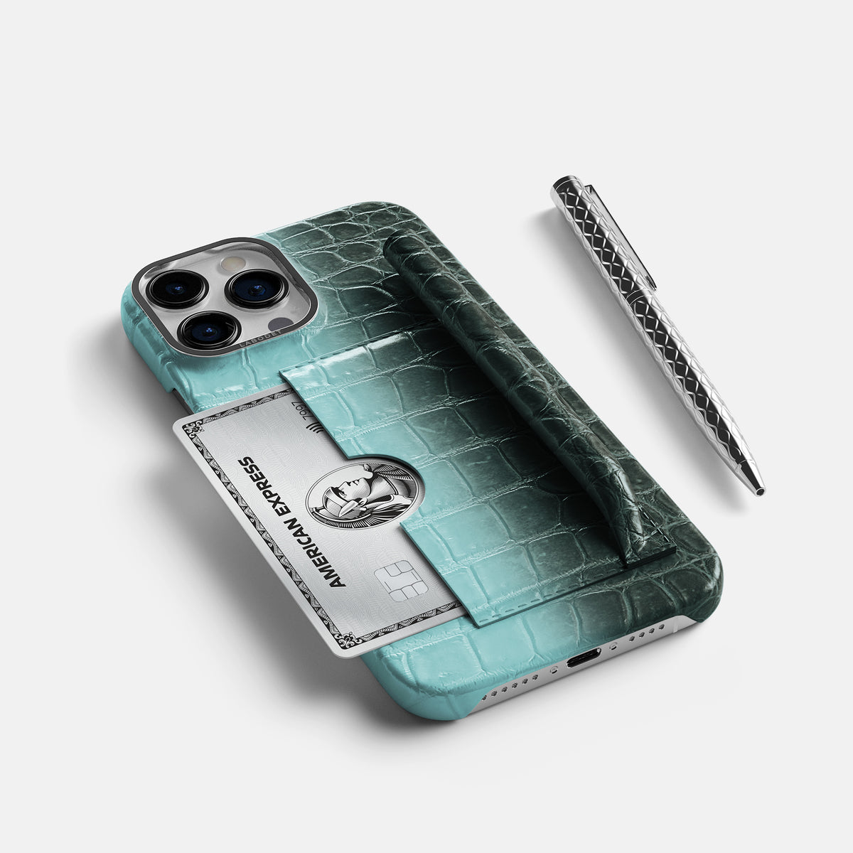 Light-Mint iPhone 16 Pro Max Card and Pen Holder Case Himalayan Crocodile with Steel Metal -5 | Light-Mint-Steel