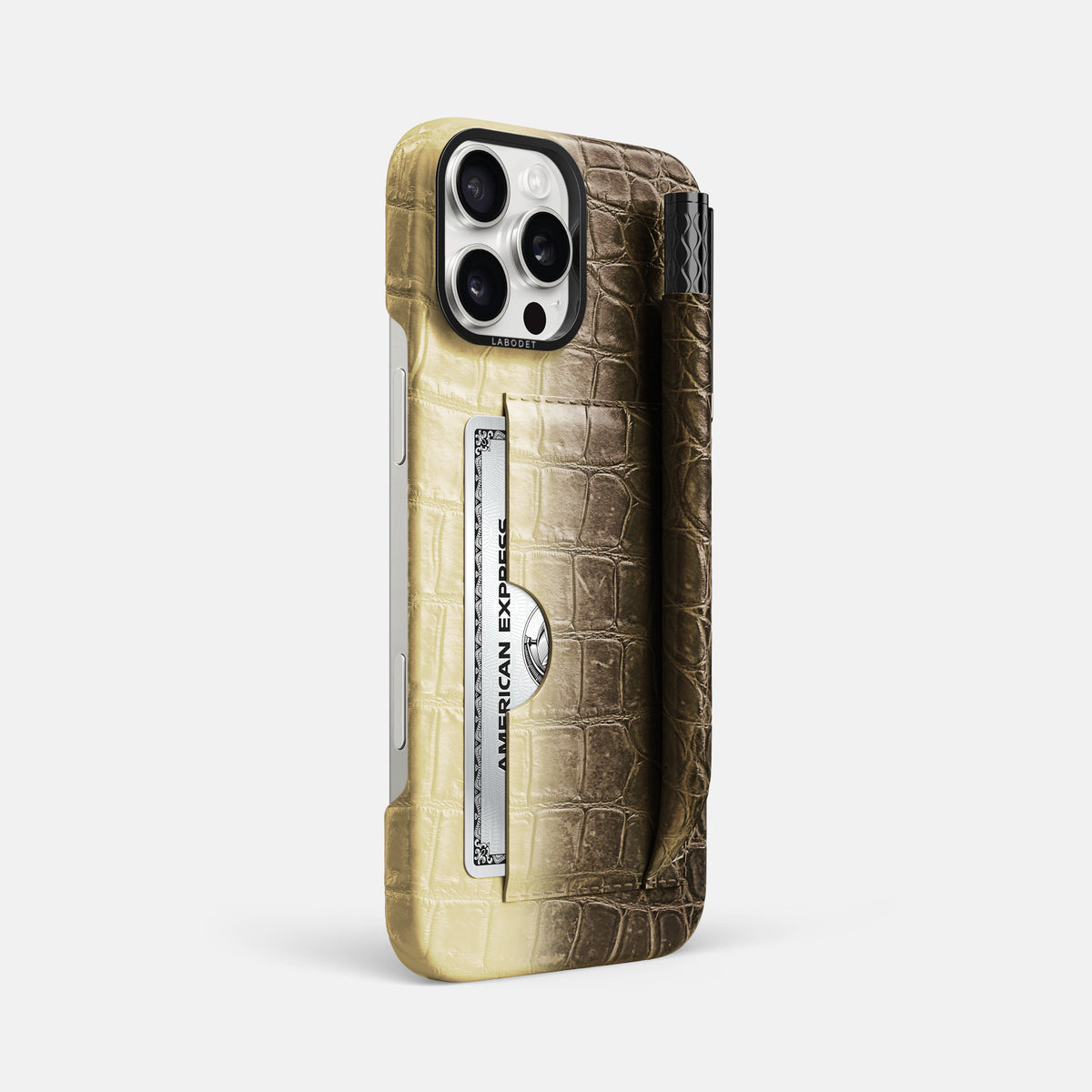 Natural iPhone 16 Pro Max Card and Pen Holder Case Himalayan Crocodile with Black Metal -2 | Natural-Black