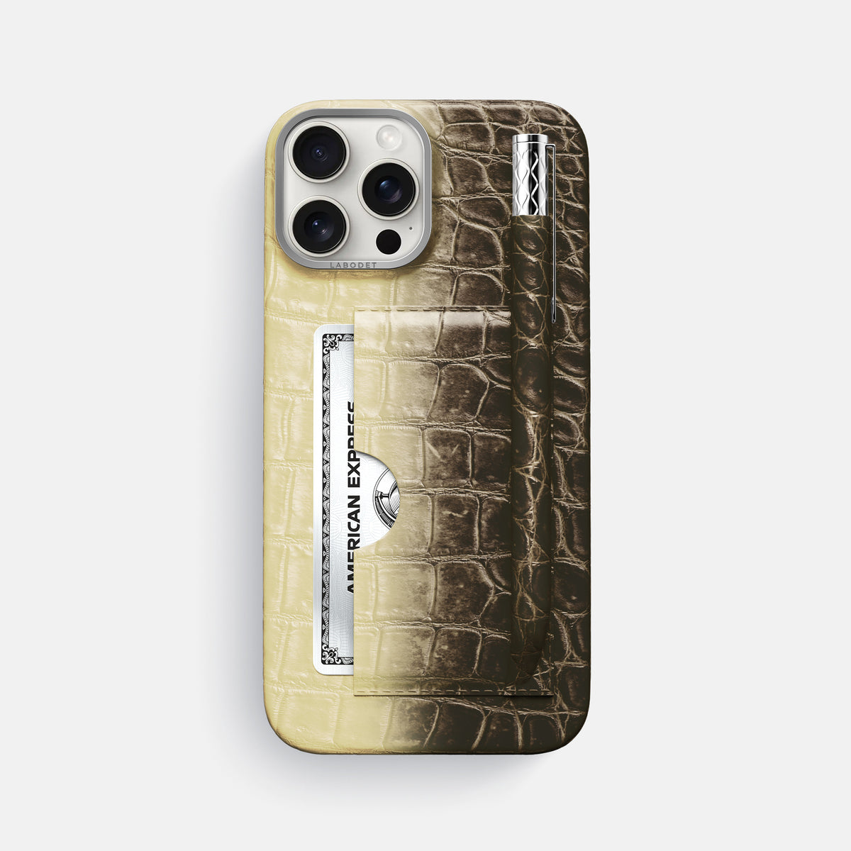 Natural iPhone 16 Pro Max Card and Pen Holder Case Himalayan Crocodile with Steel Metal -1 | Natural-Steel