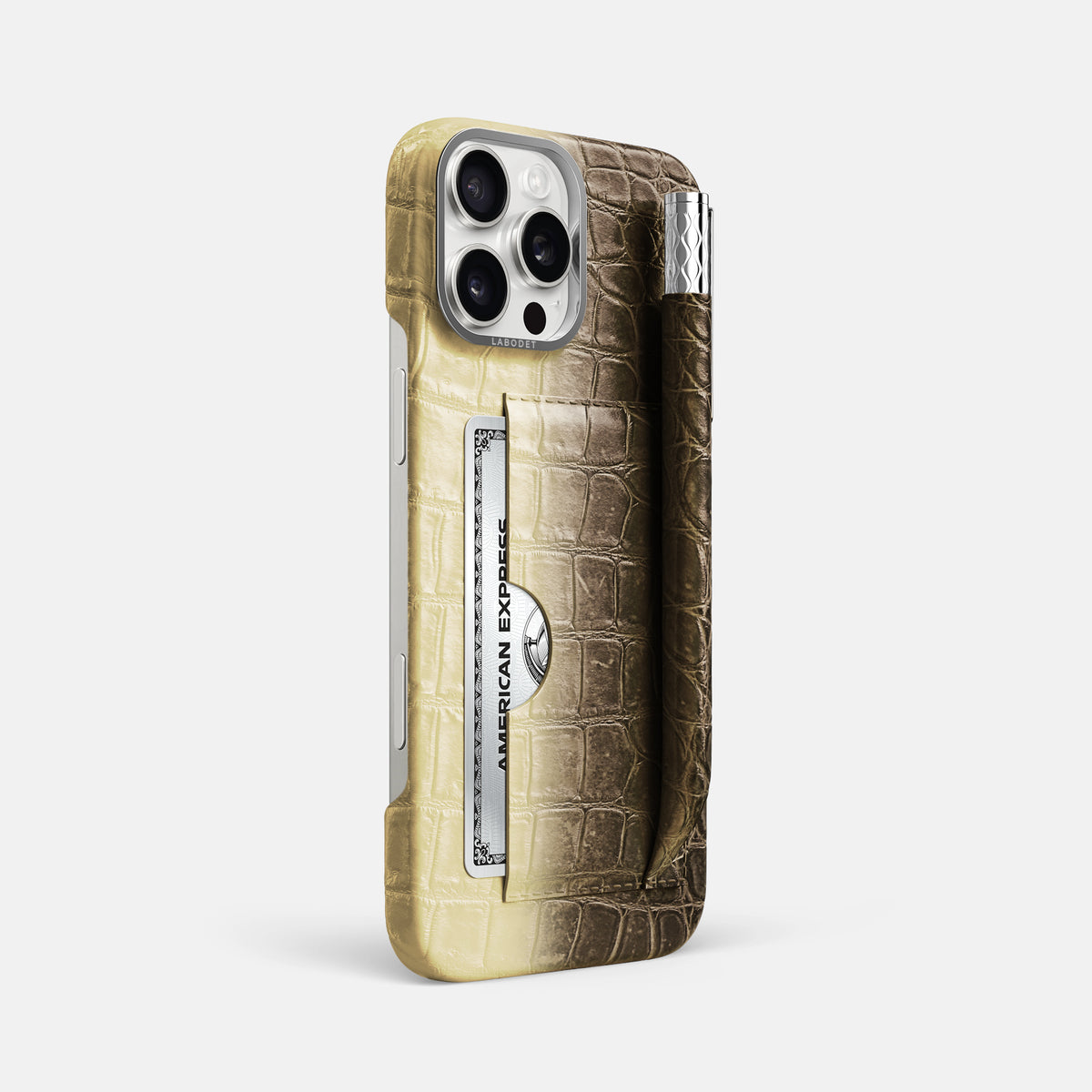 Natural iPhone 16 Pro Max Card and Pen Holder Case Himalayan Crocodile with Steel Metal -2 | Natural-Steel