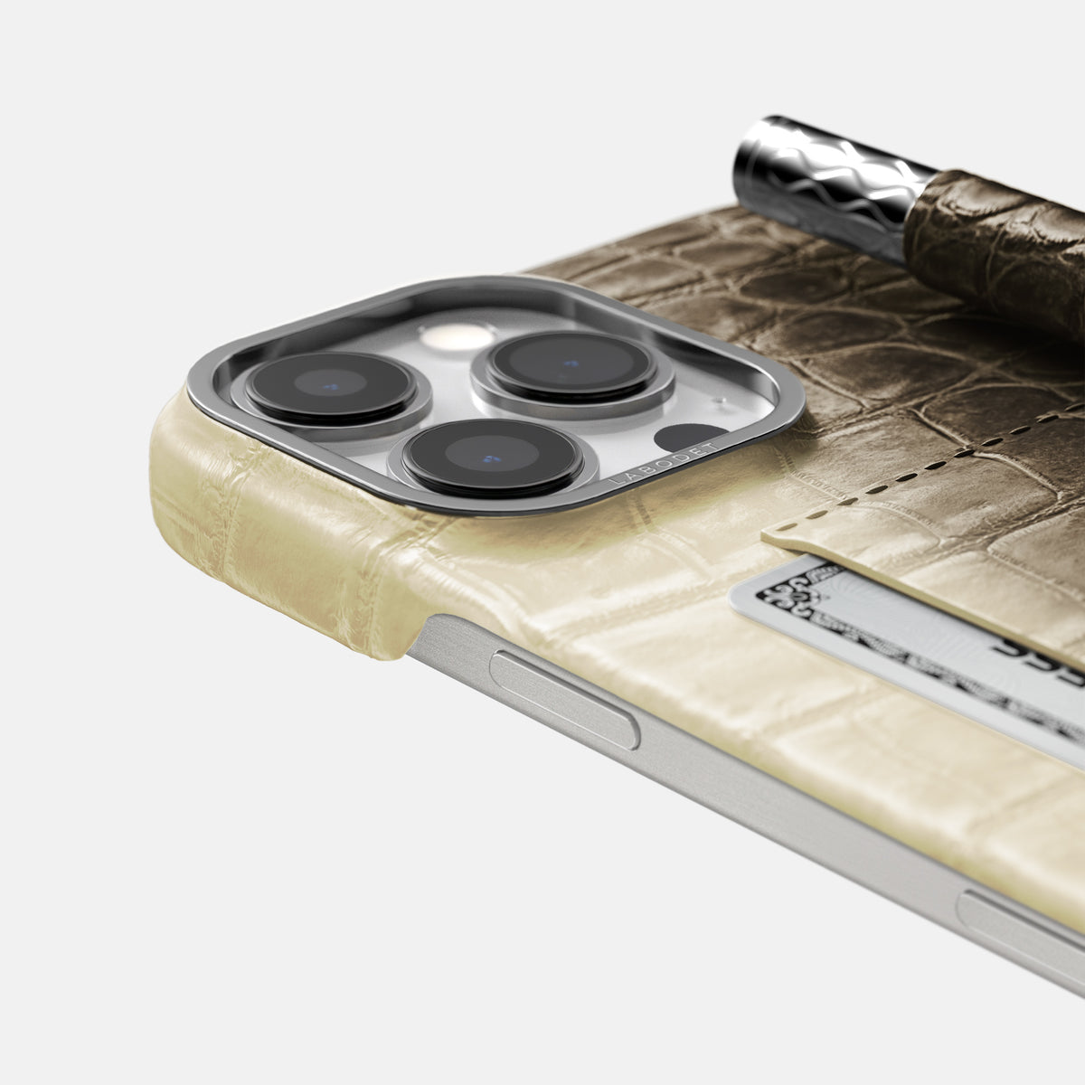 Natural iPhone 16 Pro Max Card and Pen Holder Case Himalayan Crocodile with Steel Metal -4 | Natural-Steel