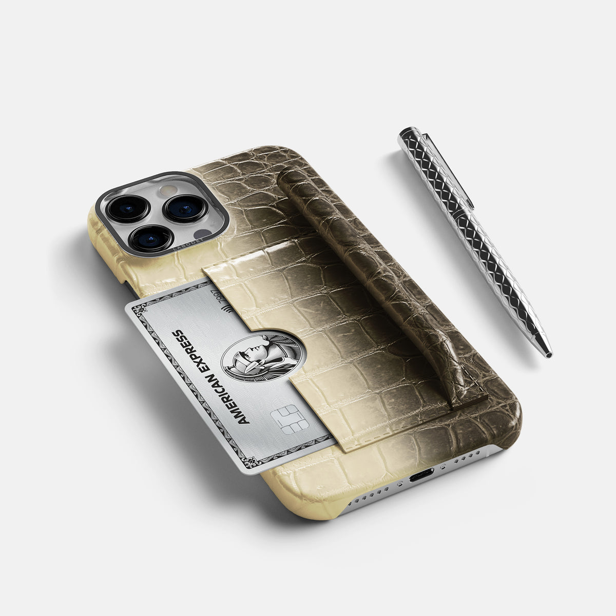 Natural iPhone 16 Pro Max Card and Pen Holder Case Himalayan Crocodile with Steel Metal -5 | Natural-Steel