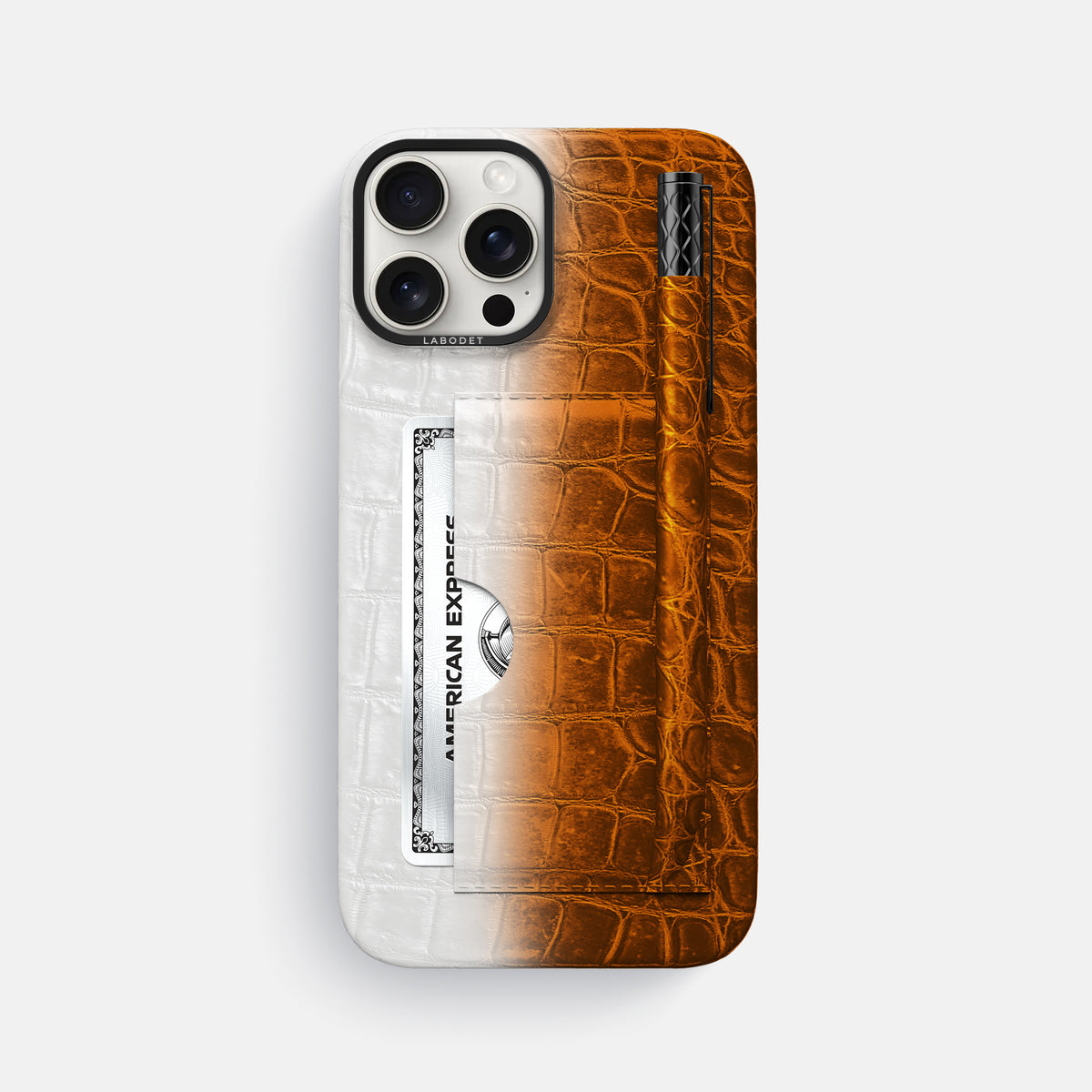 Orange iPhone 16 Pro Max Card and Pen Holder Case Himalayan Crocodile with Black Metal -1 | Orange-Black