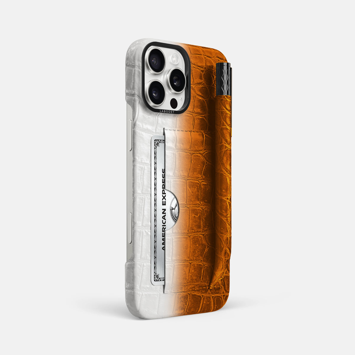 Orange iPhone 16 Pro Max Card and Pen Holder Case Himalayan Crocodile with Black Metal -2 | Orange-Black