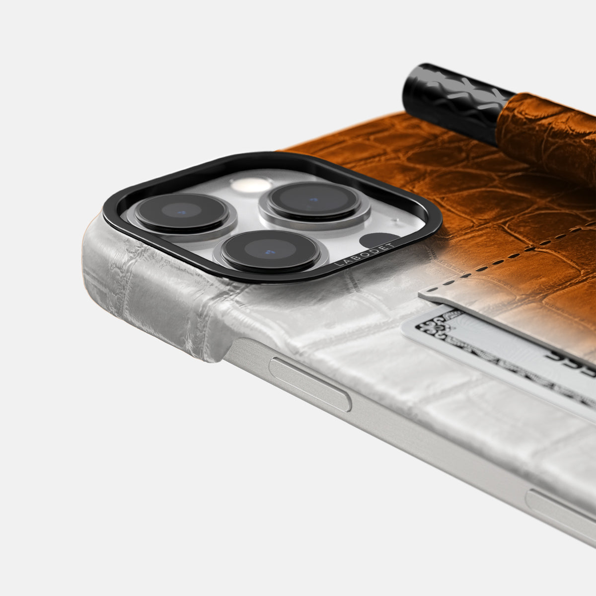 Orange iPhone 16 Pro Max Card and Pen Holder Case Himalayan Crocodile with Black Metal -4 | Orange-Black