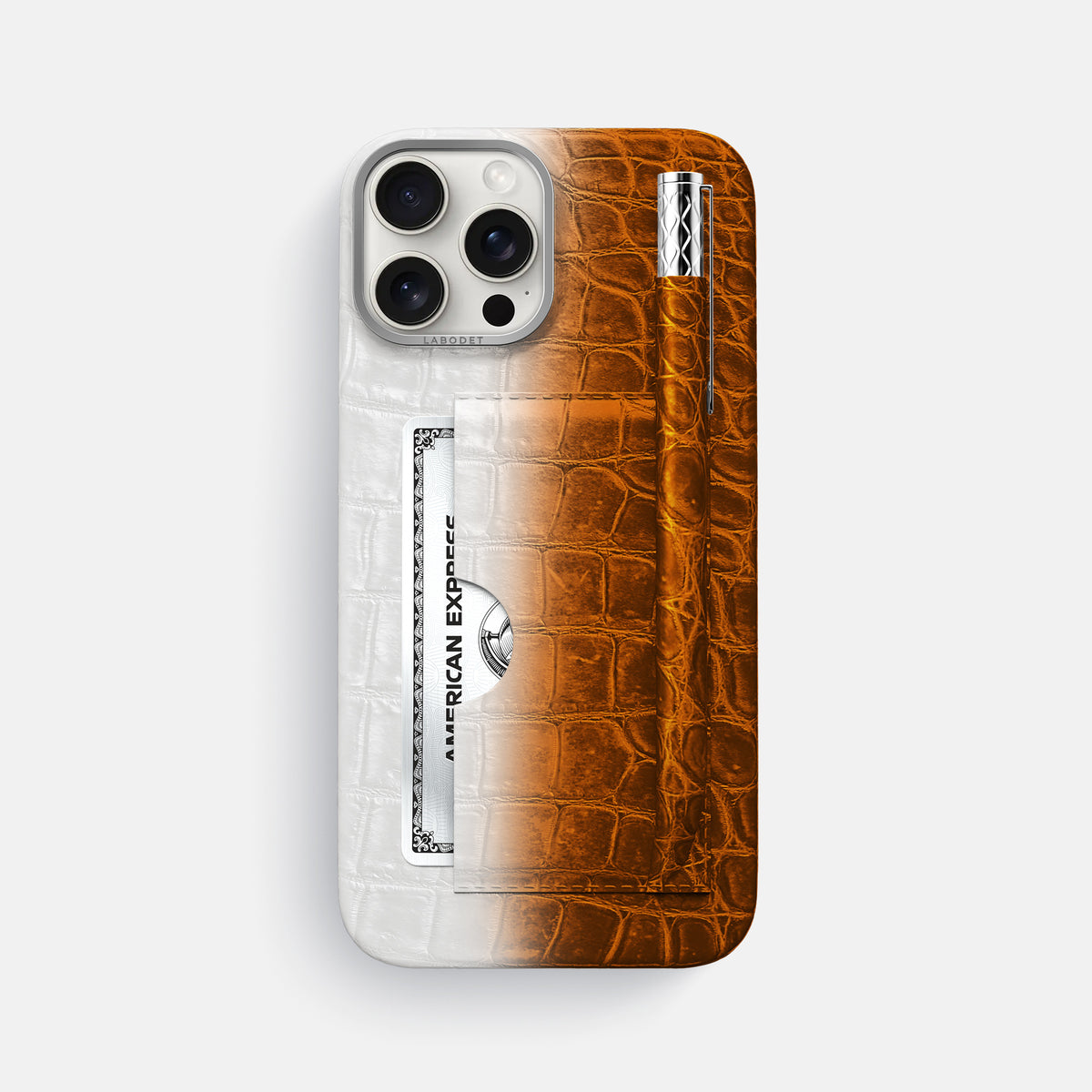 Orange iPhone 16 Pro Max Card and Pen Holder Case Himalayan Crocodile with Steel Metal -1 | Orange-Steel