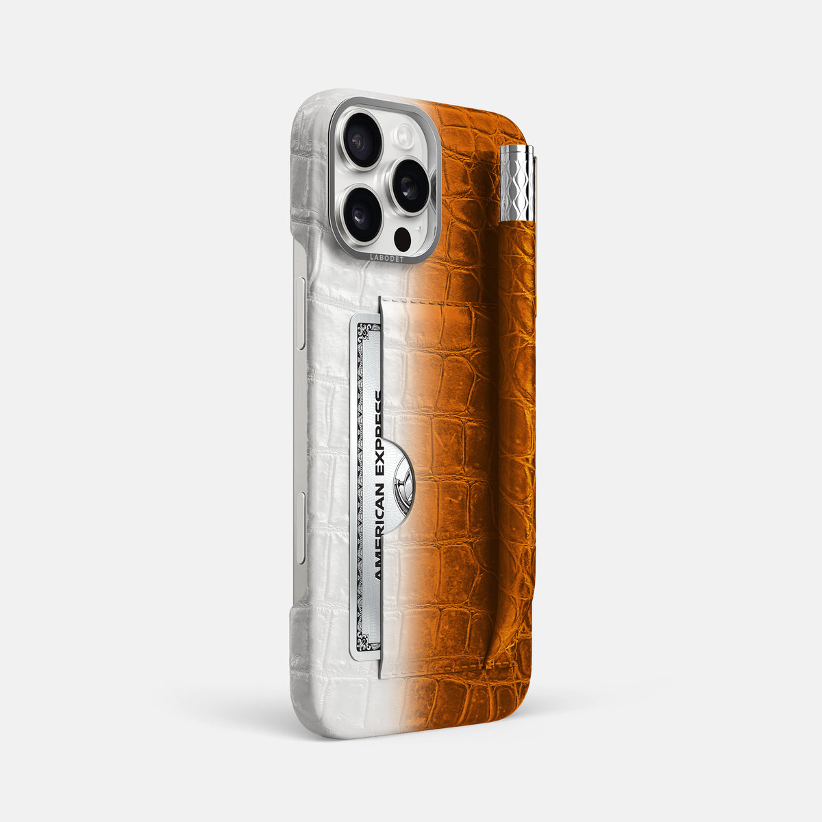 Orange iPhone 16 Pro Max Card and Pen Holder Case Himalayan Crocodile with Steel Metal -2 | Orange-Steel