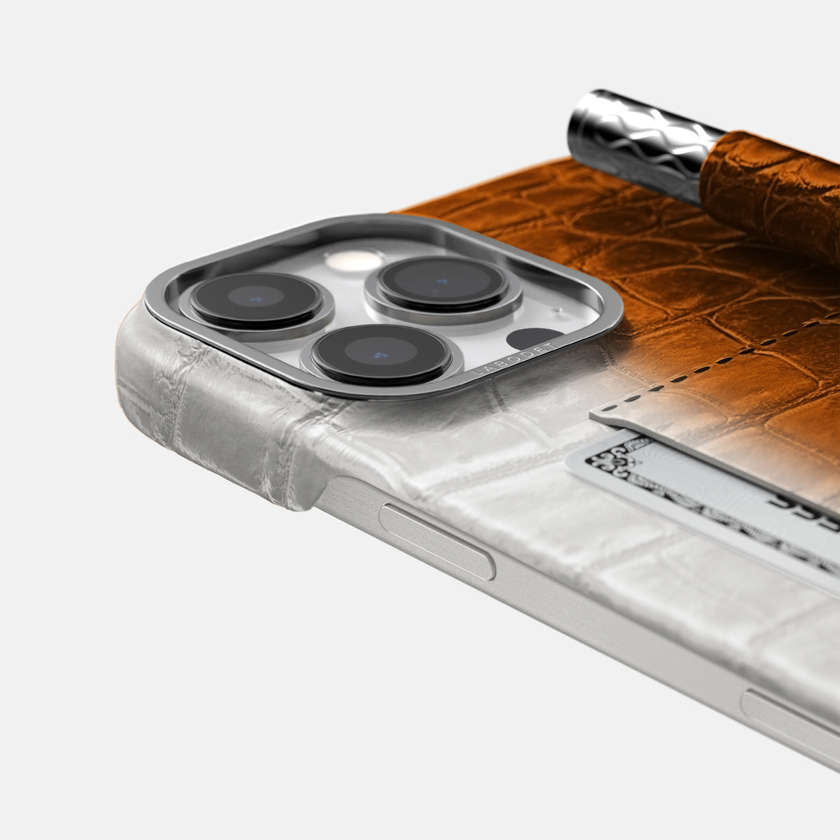 Orange iPhone 16 Pro Max Card and Pen Holder Case Himalayan Crocodile with Steel Metal -4 | Orange-Steel