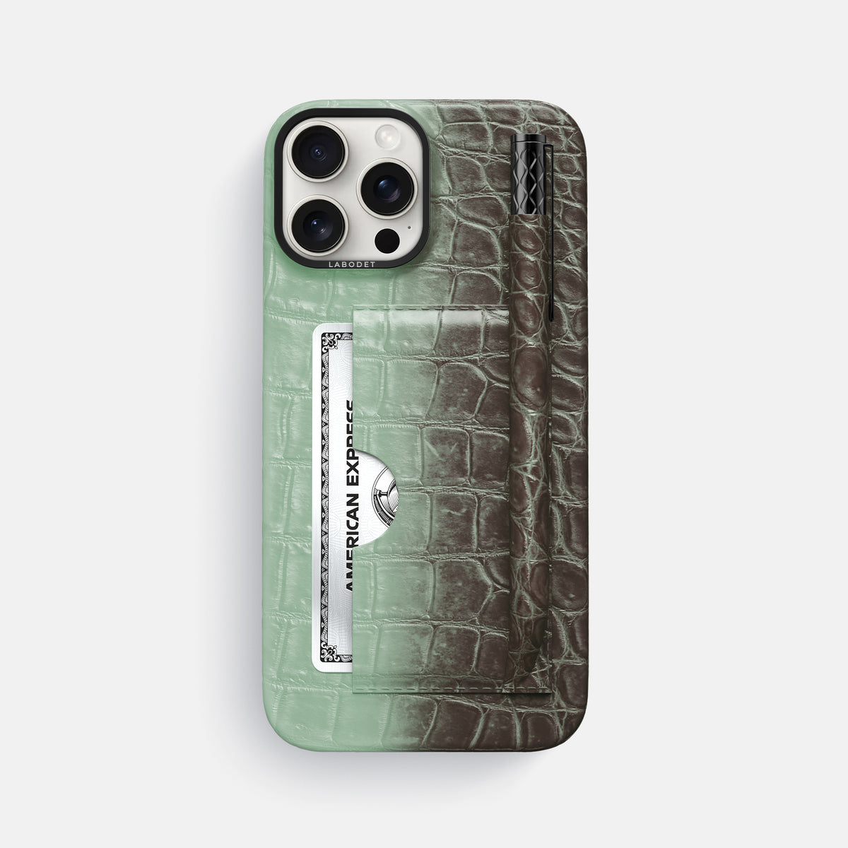 Pistachio iPhone 16 Pro Max Card and Pen Holder Case Himalayan Crocodile with Black Metal -1 | Pistachio-Black