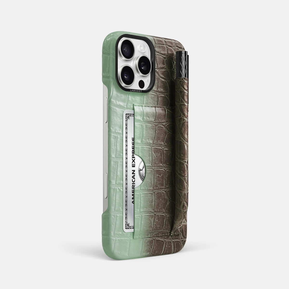 Pistachio iPhone 16 Pro Max Card and Pen Holder Case Himalayan Crocodile with Black Metal -2 | Pistachio-Black