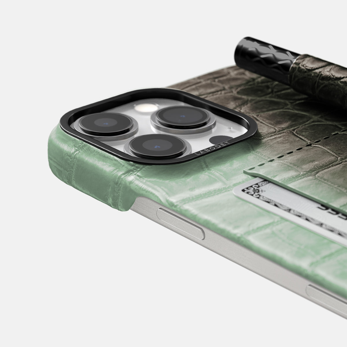 Pistachio iPhone 16 Pro Max Card and Pen Holder Case Himalayan Crocodile with Black Metal -4 | Pistachio-Black