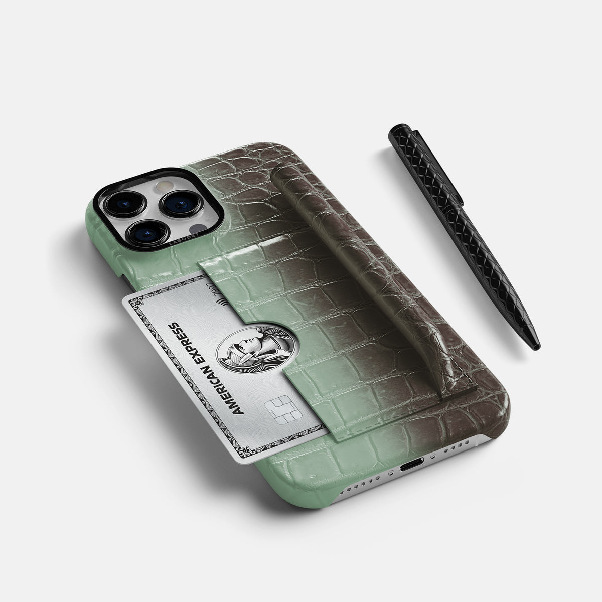 Pistachio iPhone 16 Pro Max Card and Pen Holder Case Himalayan Crocodile with Black Metal -5 | Pistachio-Black