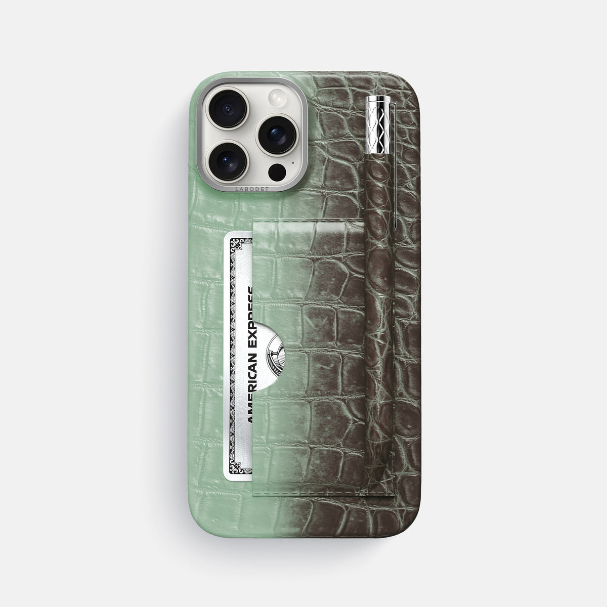 Pistachio iPhone 16 Pro Max Card and Pen Holder Case Himalayan Crocodile with Steel Metal -1 | Pistachio-Steel