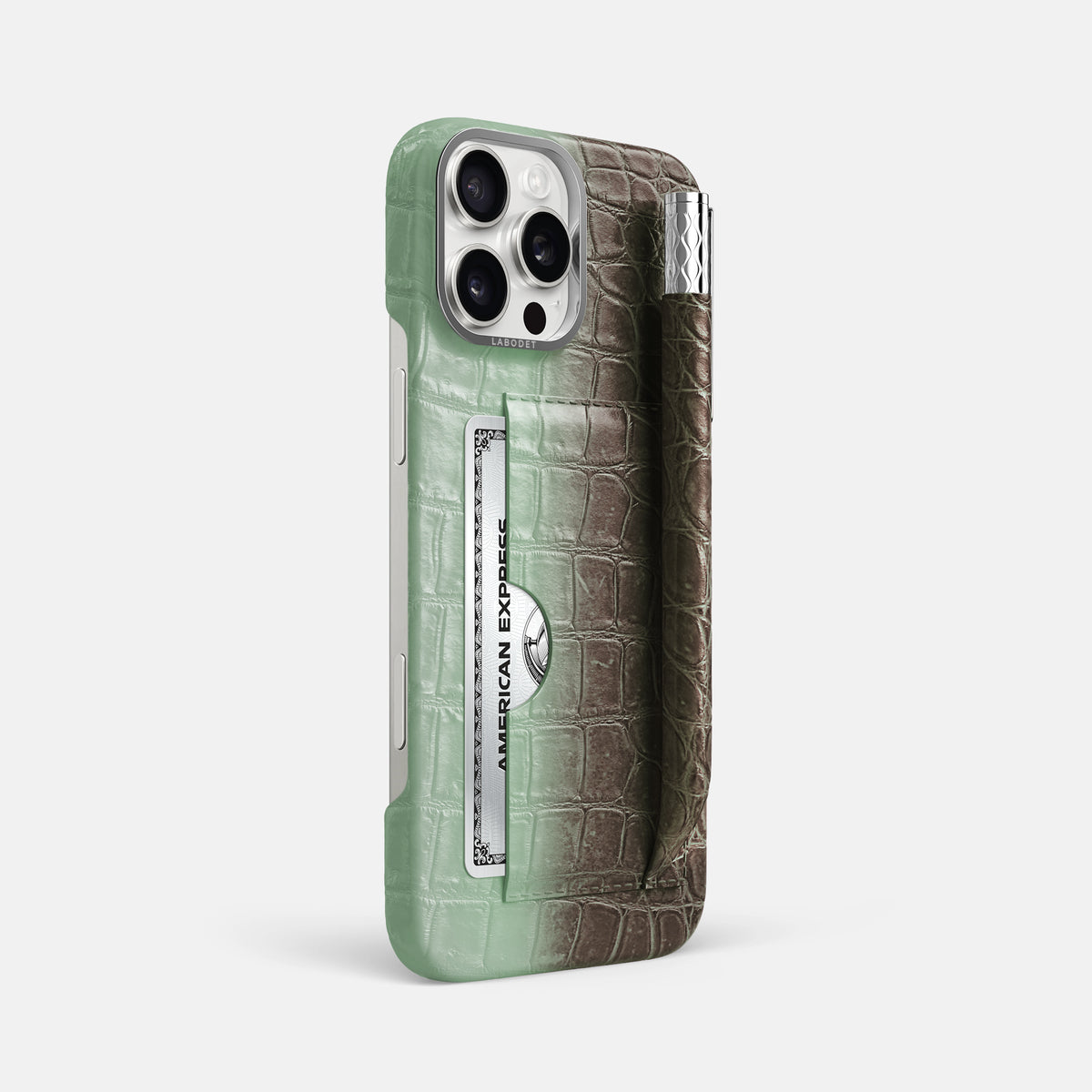 Pistachio iPhone 16 Pro Max Card and Pen Holder Case Himalayan Crocodile with Steel Metal -2 | Pistachio-Steel