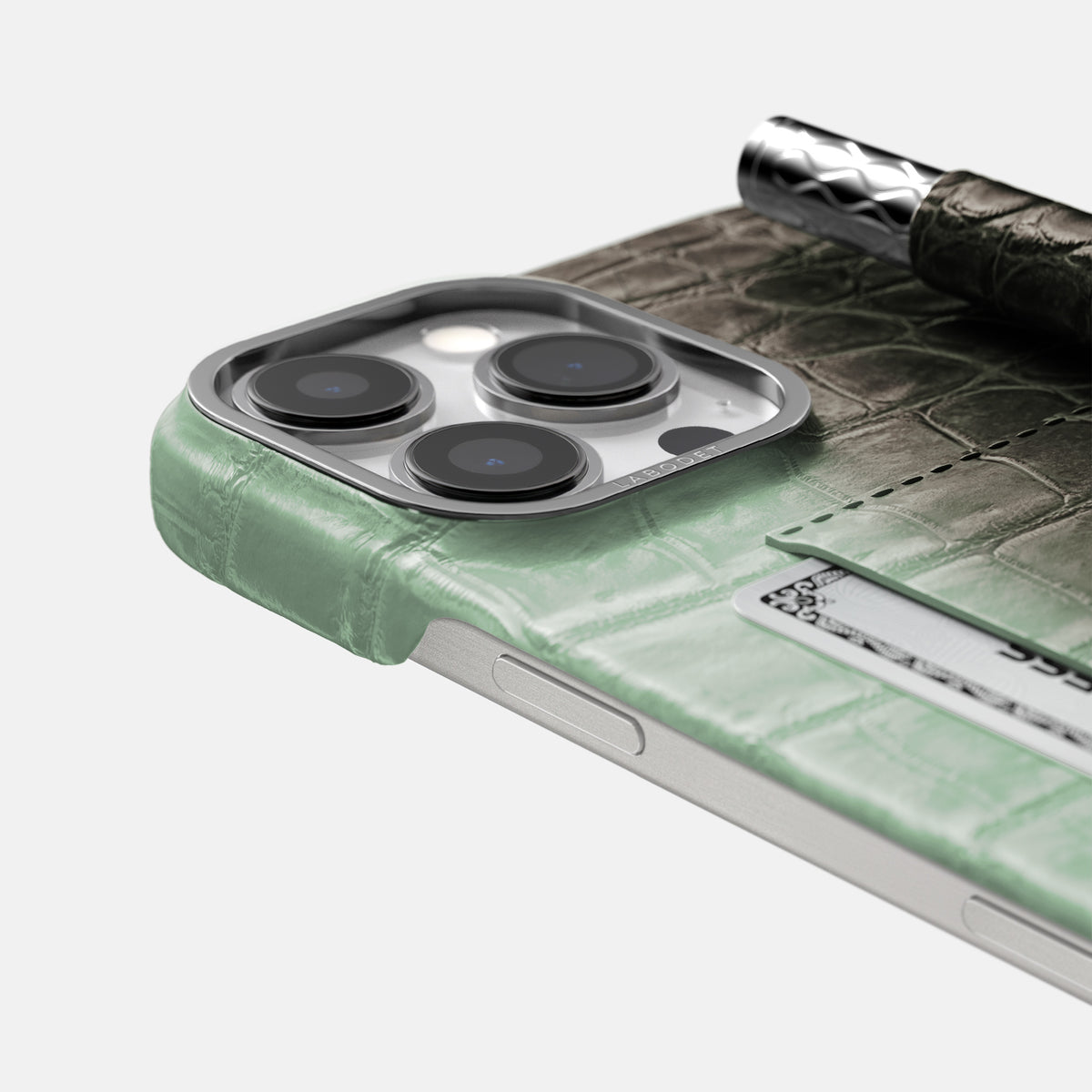 Pistachio iPhone 16 Pro Max Card and Pen Holder Case Himalayan Crocodile with Steel Metal -4 | Pistachio-Steel