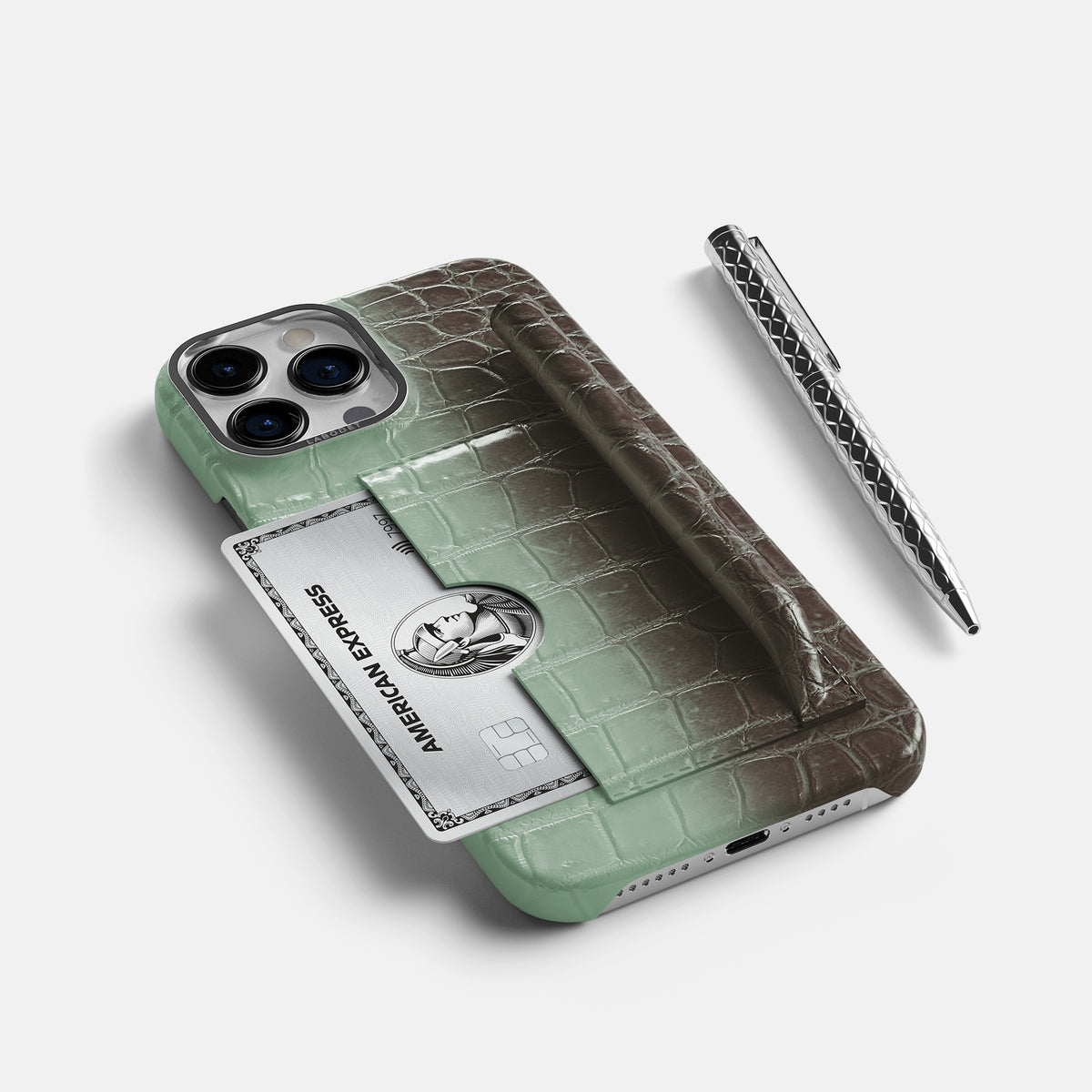 Pistachio iPhone 16 Pro Max Card and Pen Holder Case Himalayan Crocodile with Steel Metal -5 | Pistachio-Steel