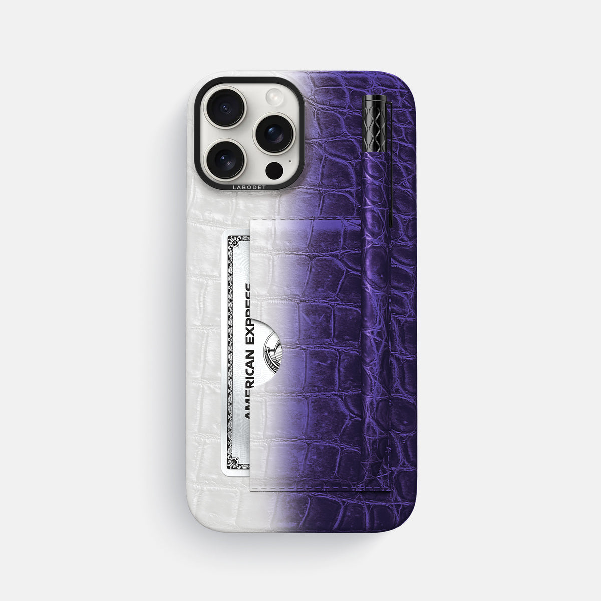 Purple iPhone 16 Pro Max Card and Pen Holder Case Himalayan Crocodile with Black Metal -1 | Purple-Black