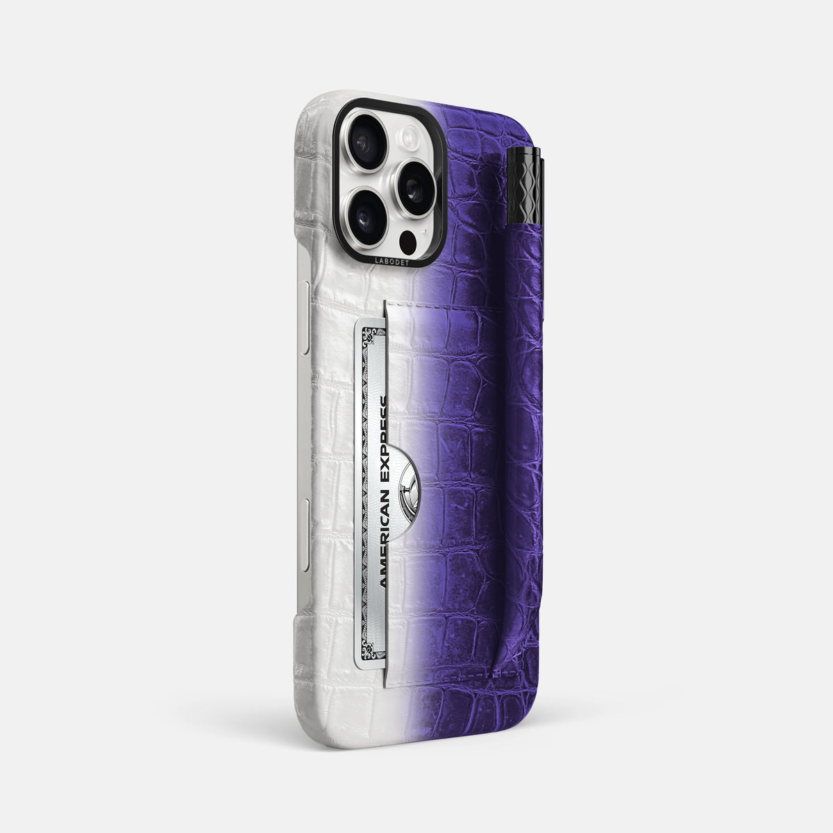 Purple iPhone 16 Pro Max Card and Pen Holder Case Himalayan Crocodile with Black Metal -2 | Purple-Black