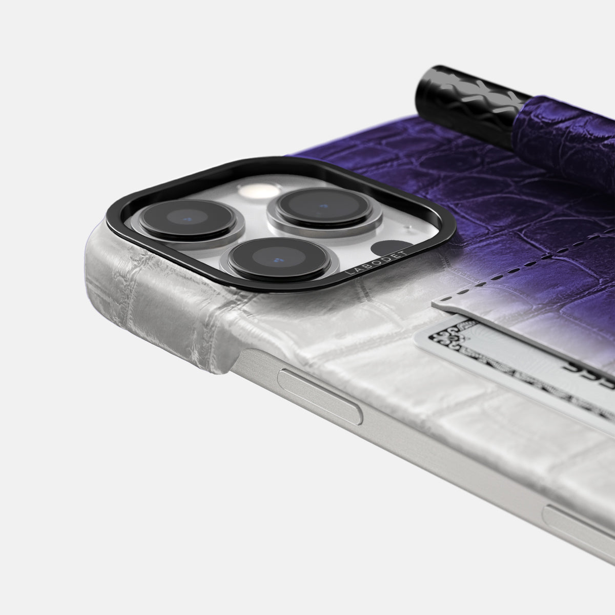 Purple iPhone 16 Pro Max Card and Pen Holder Case Himalayan Crocodile with Black Metal -4 | Purple-Black