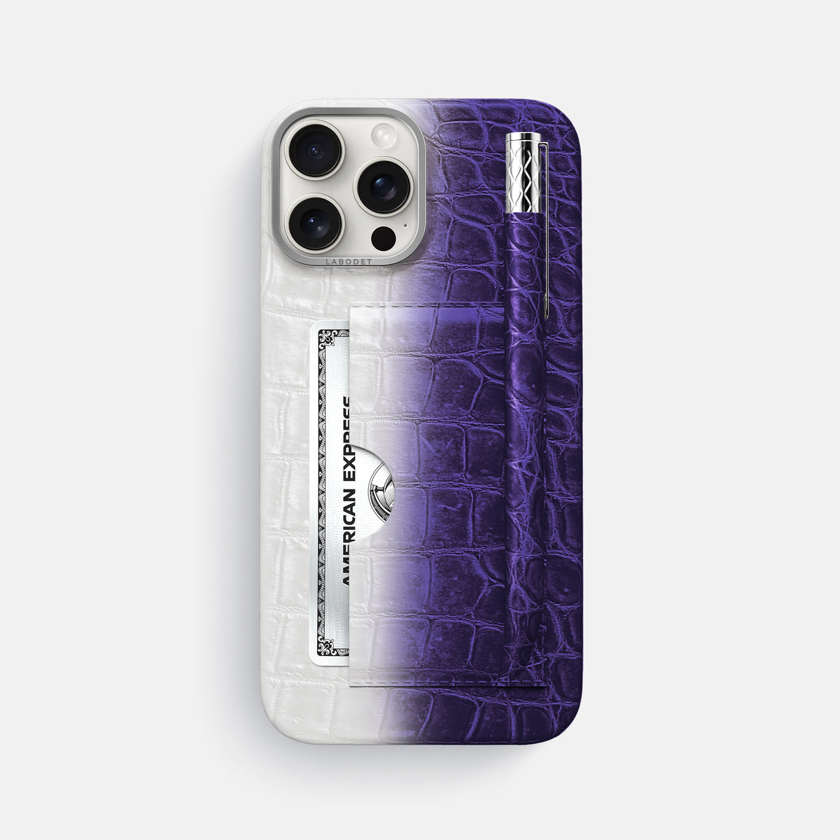 Purple iPhone 16 Pro Max Card and Pen Holder Case Himalayan Crocodile with Steel Metal -1 | Purple-Steel