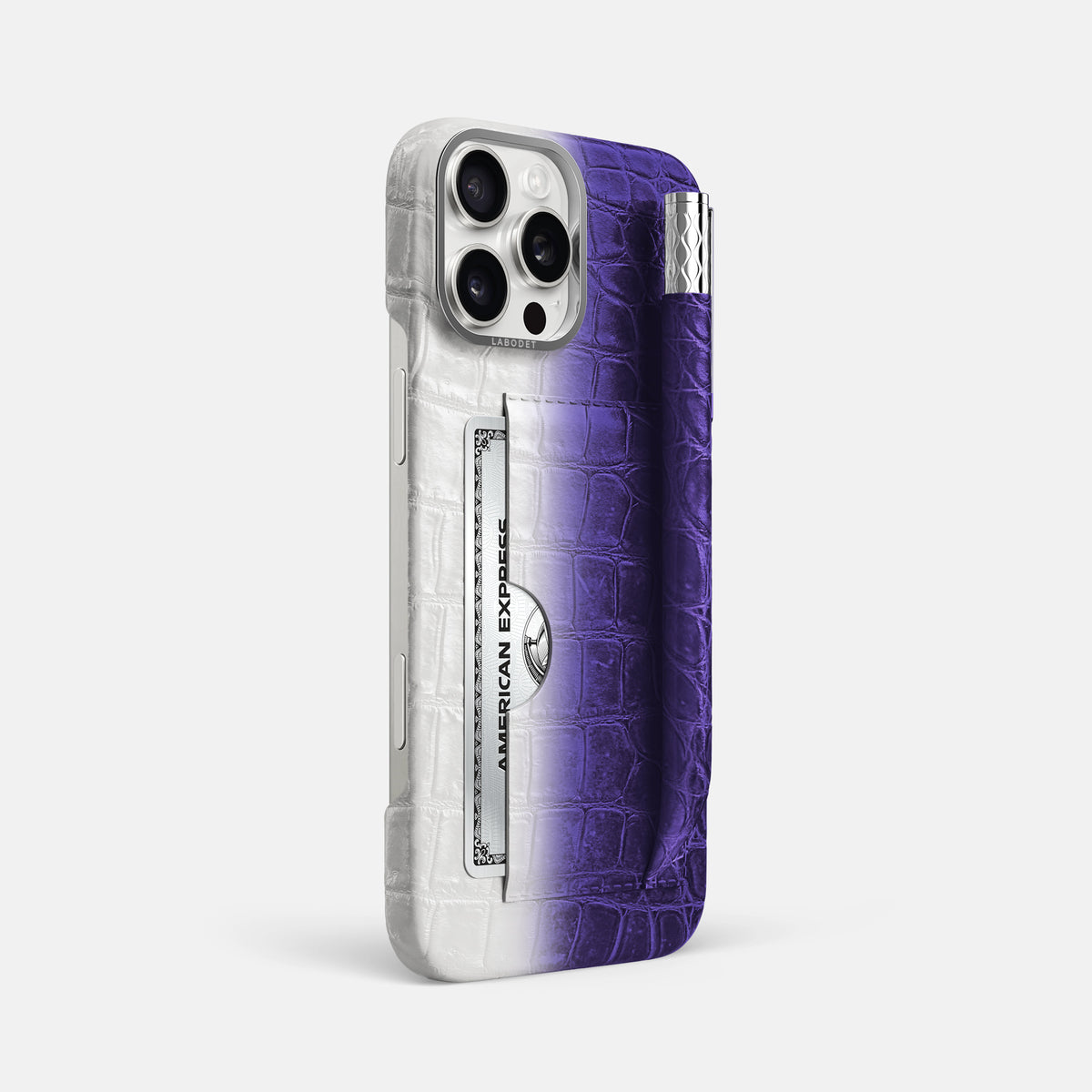 Purple iPhone 16 Pro Max Card and Pen Holder Case Himalayan Crocodile with Steel Metal -2 | Purple-Steel