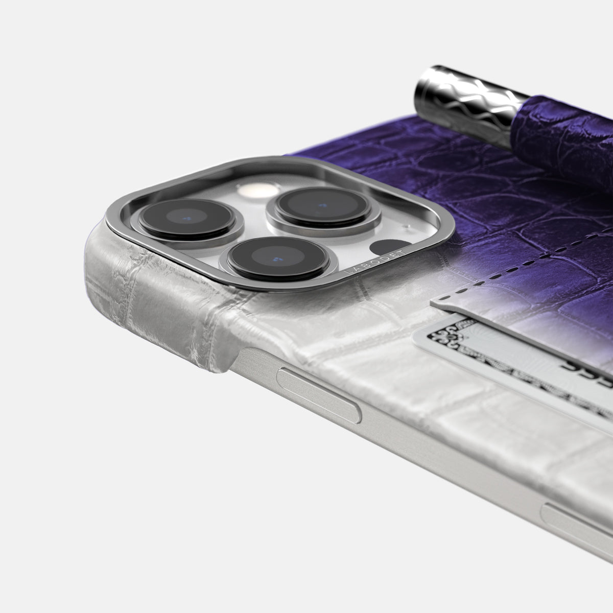 Purple iPhone 16 Pro Max Card and Pen Holder Case Himalayan Crocodile with Steel Metal -4 | Purple-Steel