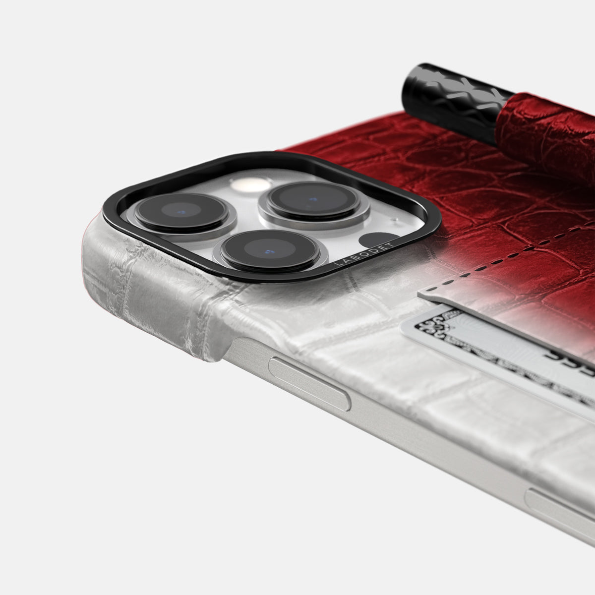 Red iPhone 16 Pro Max Card and Pen Holder Case Himalayan Crocodile with Black Metal -4 | Red-Black