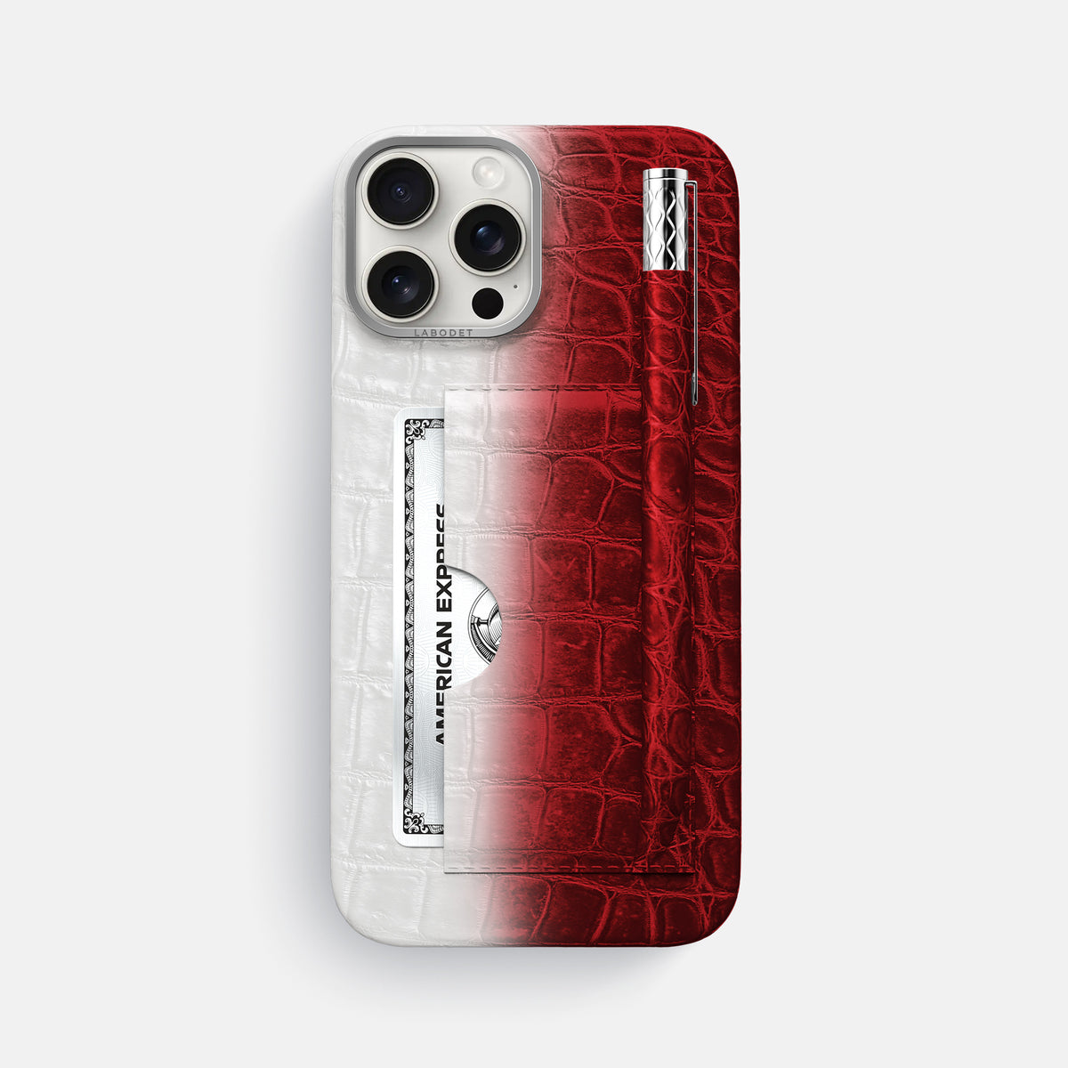 Red iPhone 16 Pro Max Card and Pen Holder Case Himalayan Crocodile with Steel Metal -1 | Red-Steel