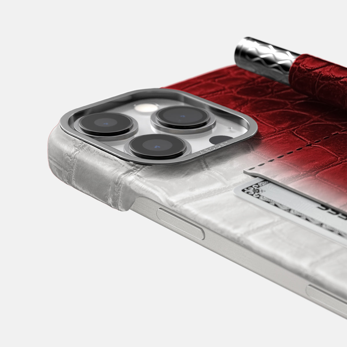 Red iPhone 16 Pro Max Card and Pen Holder Case Himalayan Crocodile with Steel Metal -4 | Red-Steel