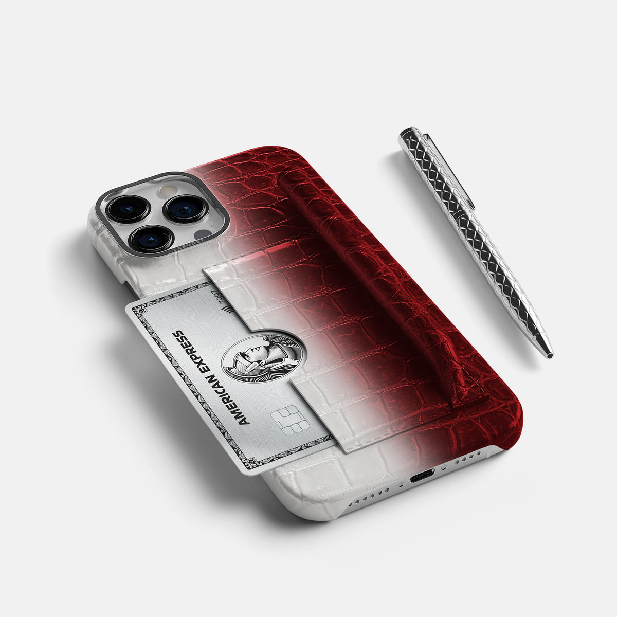 Red iPhone 16 Pro Max Card and Pen Holder Case Himalayan Crocodile with Steel Metal -5 | Red-Steel