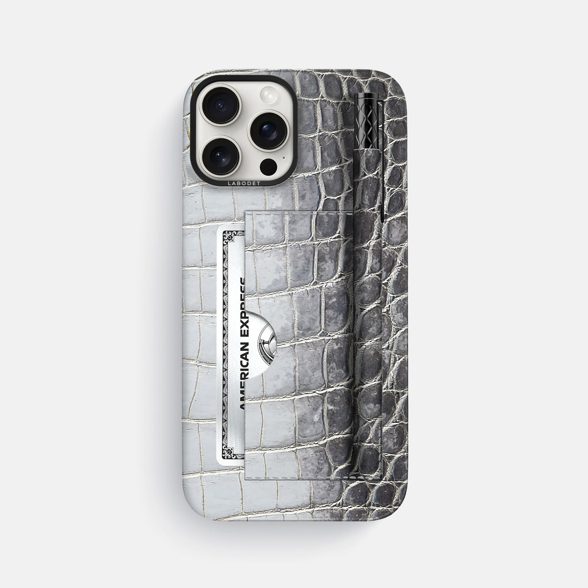 Silver iPhone 16 Pro Max Card and Pen Holder Case Himalayan Crocodile with Black Metal -1 | Silver-Black
