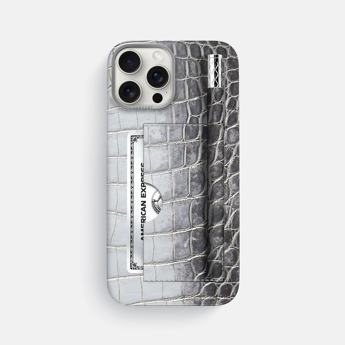Silver iPhone 16 Pro Max Card and Pen Holder Case Himalayan Crocodile with Steel Metal -1 | Silver-Steel