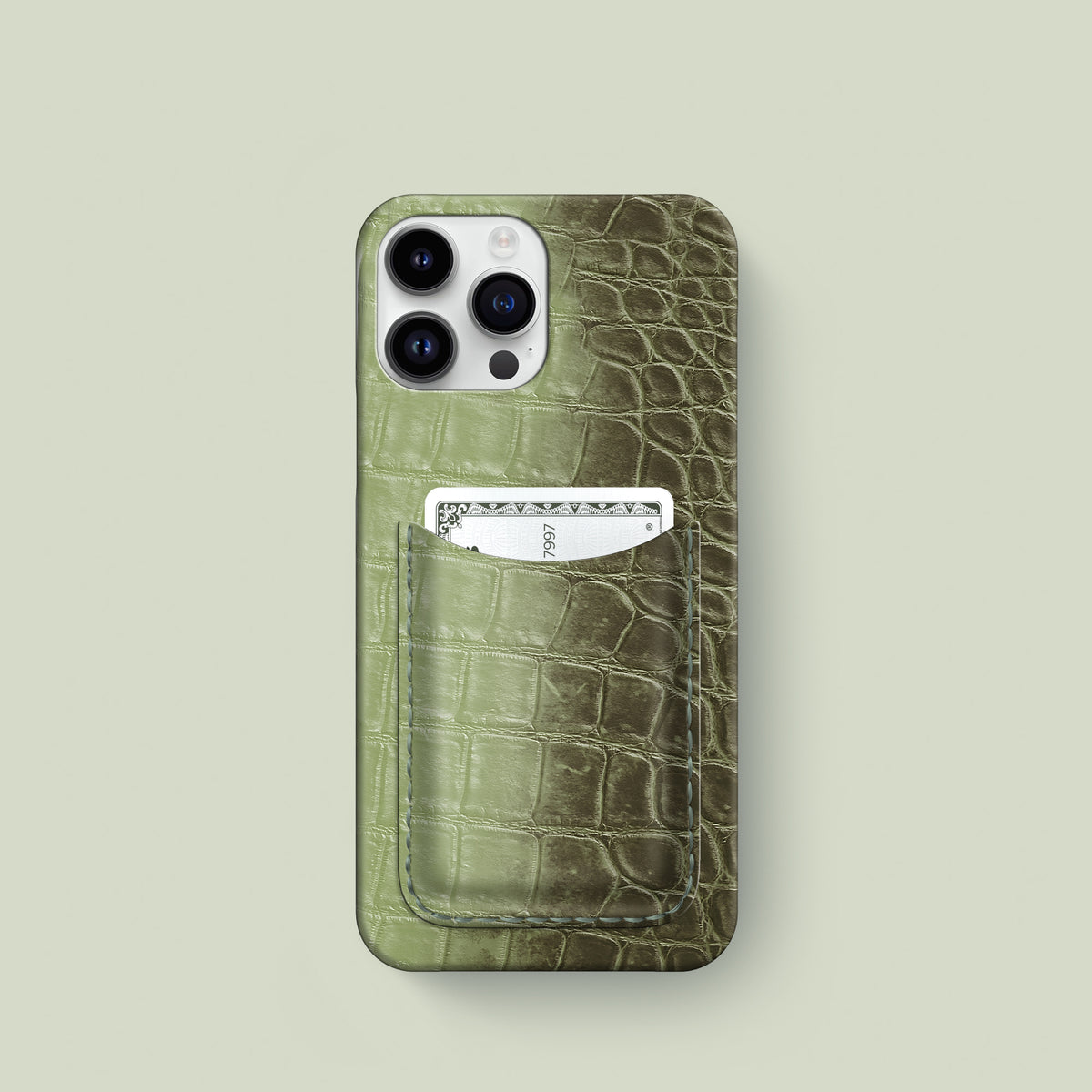 Slim Card Case Celadon Green For iPhone 16 Pro In Himalayan Crocodile -1 | Celadon-Green