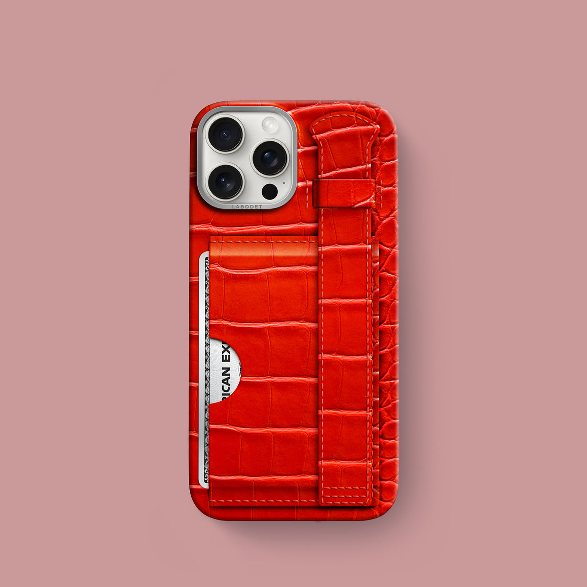 iPhone 16 Pro Cardholder Strap Case 1/1 Deep Coral Alligator with Steel Metal -1 | Deep-Coral-Steel