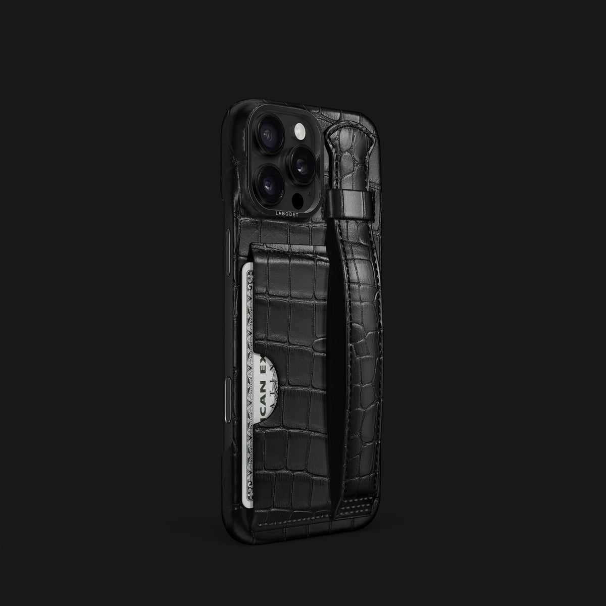 Edition-Black iPhone 16 Pro Cardholder Strap Case Alligator with Black Metal -2 | Edition-Black-Black