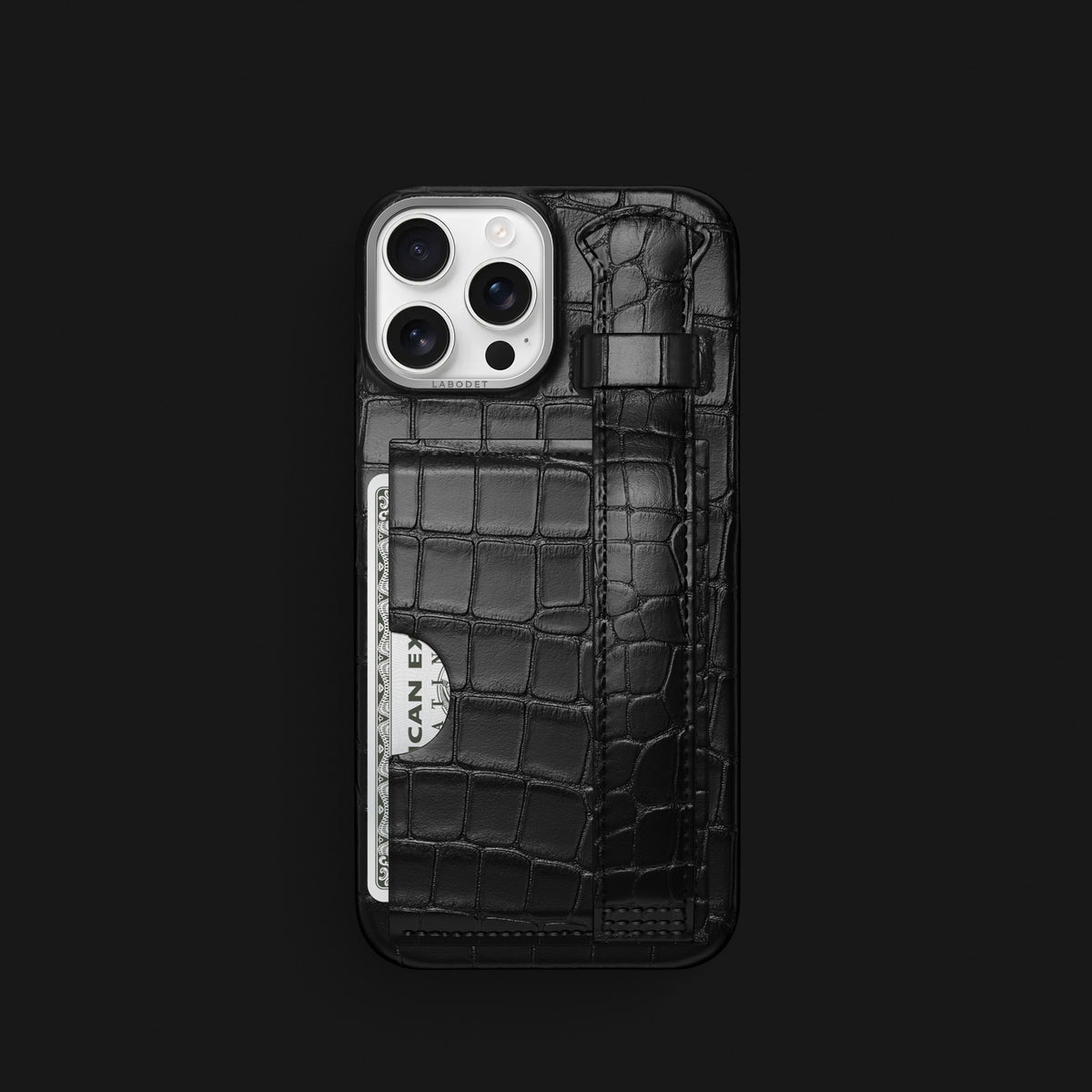 Edition-Black iPhone 16 Pro Cardholder Strap Case Alligator with Steel Metal -1 | Edition-Black-Steel