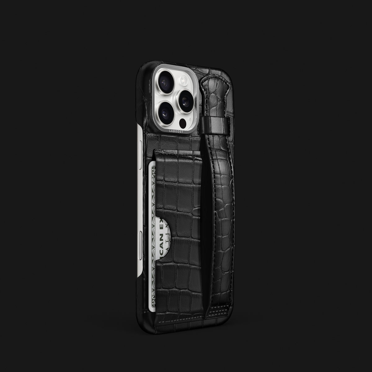 Edition-Black iPhone 16 Pro Cardholder Strap Case Alligator with Steel Metal -2 | Edition-Black-Steel