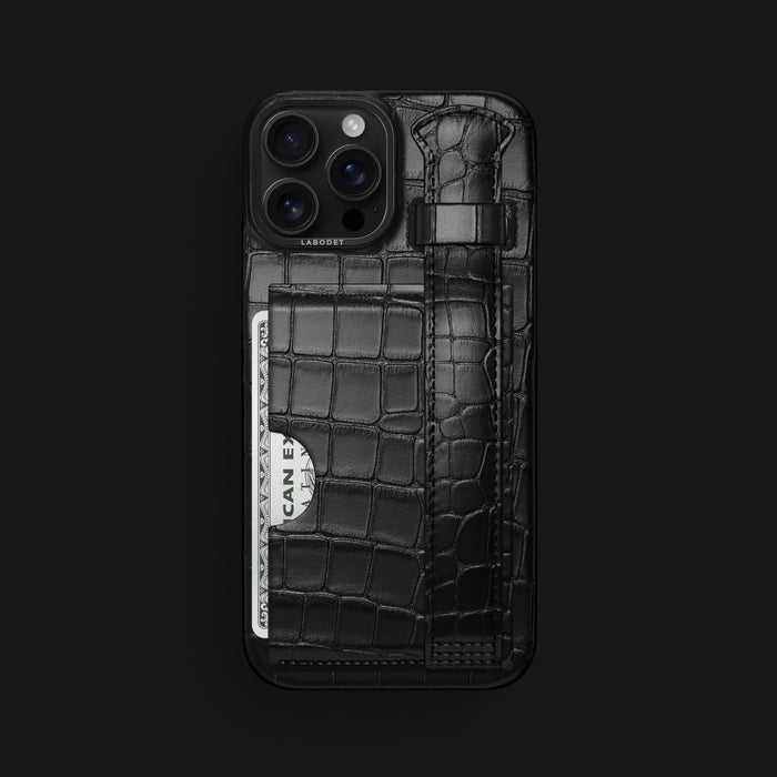 Edition-Black iPhone 16 Pro Max Cardholder Strap Case Alligator with Black Metal -1 | Edition-Black-Black