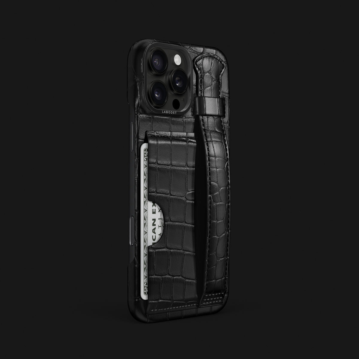 Edition-Black iPhone 16 Pro Max Cardholder Strap Case Alligator with Black Metal -2 | Edition-Black-Black