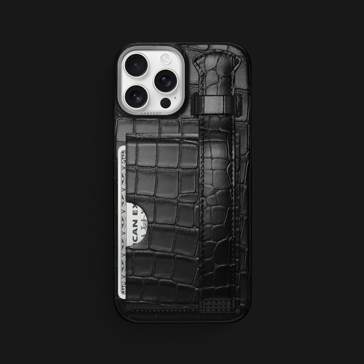 Edition-Black iPhone 16 Pro Max Cardholder Strap Case Alligator with Steel Metal -1 | Edition-Black-Steel